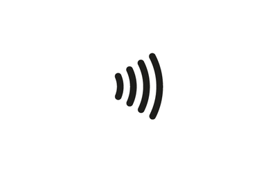 Black and white icon for contactless showing 4 curved lines starting small and getting bigger