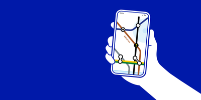 Illustration of a hand holding a mobile phone with the TfL Go app map on the screen